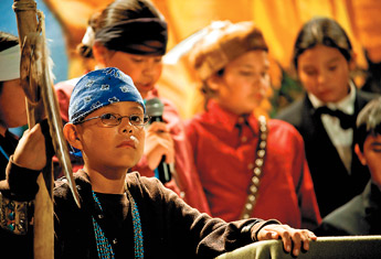 Shirdan Wilson, portraying Chief Manuelito, listens during a re-enactment of the signing of the Treaty of 1868 at the Navajo Nation Museum Wednesday. — © 2009 Gallup Independent / Brian Leddy