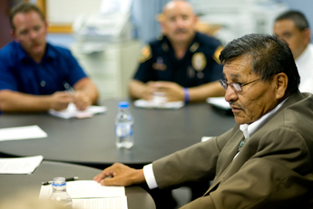 Navajo Nation Vice President Ben Shelly speaks in a meeting between members of the Navajo Human Rights Commission, Navajo Nation Police, Grants community outreach volunteers and Grants police on Wednesday. The meeting was organized in hope of finding common grounds for assistance between parties to advance the investigation on beatings of Navajo transient men in Grants. — © 2009 Gallup Independent / Adron Gardner