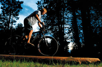 Jack Hawley does a log ride while biking in the Zuni Mountains on July of 2008. — © 2009 Gallup Independent / Brian Leddy 