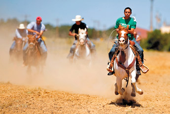 Izzy Gonnie races his horse across the finish line during a heat on Friday at the annual Ramah Navajo Fair. The fair continues through this weekend with rodeos, fireworks, dancing and a variety of other activities. — © 2009 Gallup Independent / Brian Leddy 