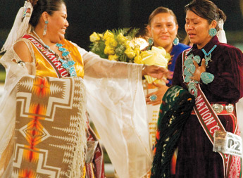 Nineteen-year-old Tashina Nelson of Round Rock, far right, reacts to learning she has been selected Miss Navajo 2009-2010 in Window Rock on Saturday. — © 2009 Gallup Independent / Adron Gardner 