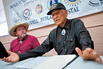 Jack Husted, left, listens while Code Talker Roy Hawthorne talks at a special meeting of Navajo Nation Southwest Veterans Association in Window Rock Tuesday. — © 2009 Gallup Independent / Cable Hoover