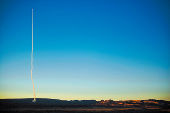 A Hera missile launched from Fort Wingate makes it way toward White Sands Missile Range Thursday Morning. — © 2009 Gallup Independent / Cable Hoover 