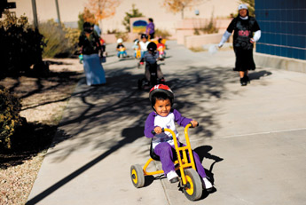 Abrianna Joe, 3, races ahead of the pack during a Trike-a-thon Wednesday at the University of New Mexico-Gallup campus. The Trike-A-Thon event helps raise money for St. Jude's Research Hospital and teaches kids about tricycle safety. — © 2009 Gallup Independent / Brian Leddy