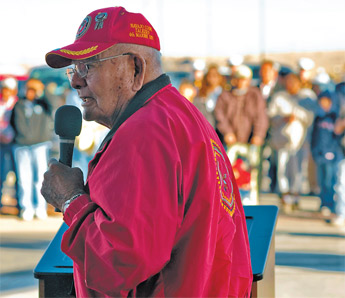 Navajo Code Talker Keith Little speaks to a crowd of well-wishers at the Fire Rock Casino on Sunday before boarding a bus to Albuquerque. — © 2009 Gallup Independent / Adron Gardner 