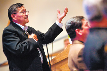 Acting President of the Navajo Nation Ben Shelly addresses the crowd and a group of other panelists during a DWI town hall meeting in the Calvin Hall auditorium at UNM-Gallup on Thursday. — © 2009 Gallup Independent / Cable Hoover 