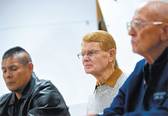 Veterans Lamont Hess, right, Terry Shumaker and Shane Martinez sit together before taking turns talking about their military experience during a veterans appreciation event at Octavia Fellin Library Saturday in Gallup. — © 2009 Gallup Independent / Cable Hoover