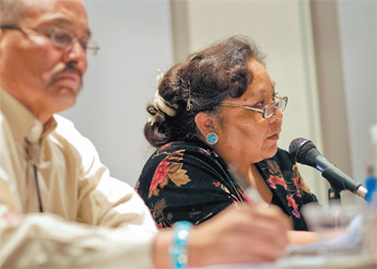 Katherine Benally, right, says “nay” to a proposed Navajo Council reduction from 88 to 24 members. “This vote ignores our elders, people we should be listening to,” Benally said. — © 2009 Gallup Independent / Adron Gardner