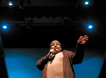 Entertainner Ernest Tsosie brings the laughs with his stand-up comedy for Open Mic night at the El Morro theater. — © 2009 Gallup Independent / Adron Gardner 