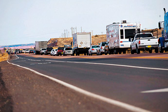 Vehicles line up for miles on Historic Route 66 past Fire Rock Casino on Monday. An accident that spilled approximately 1,000 gallons of propane closed Interstate 40 for more than 12 hours in both directions between Gallup and Grants. — © 2009 Gallup Independent / Brian Leddy