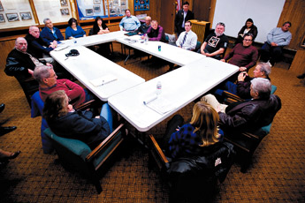 A group of community leaders and law enforcement officials sit together in a conference room at the Gallup McKinley Chamber of Commerce for a discussion about DWI issues hosted by state Sen. George Munoz on Wednesday. — © 2010 Gallup Independent / Cable Hoover