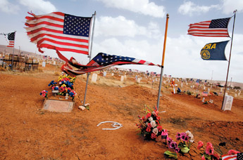 Tattered flags blow in the wind