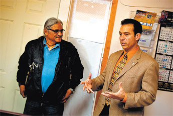 Lieutenant governor candidate Joe Campos speaks with Churchrock Chapter President Johnnie Henry Jr. on Wednesday. Campos spent the day meeting with local community leaders. &mdash;&nbsp;&copy; 2009 Gallup Independent / Brian Leddy 