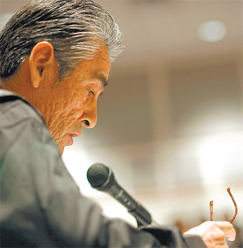Navajo President Joe Shirley, who has been put on leave by the Council, speaks in favor of decreasing the size of the Navajo Council to 24. &ldquo;This would give local governments more power,&rdquo; Shirley said. &mdash;&nbsp;&copy; 2009 Gallup Independent / Adron Gardner